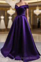 Purple Satin Off Shoulder Long Prom Dresses,A-line Simple Women Formal Dresses